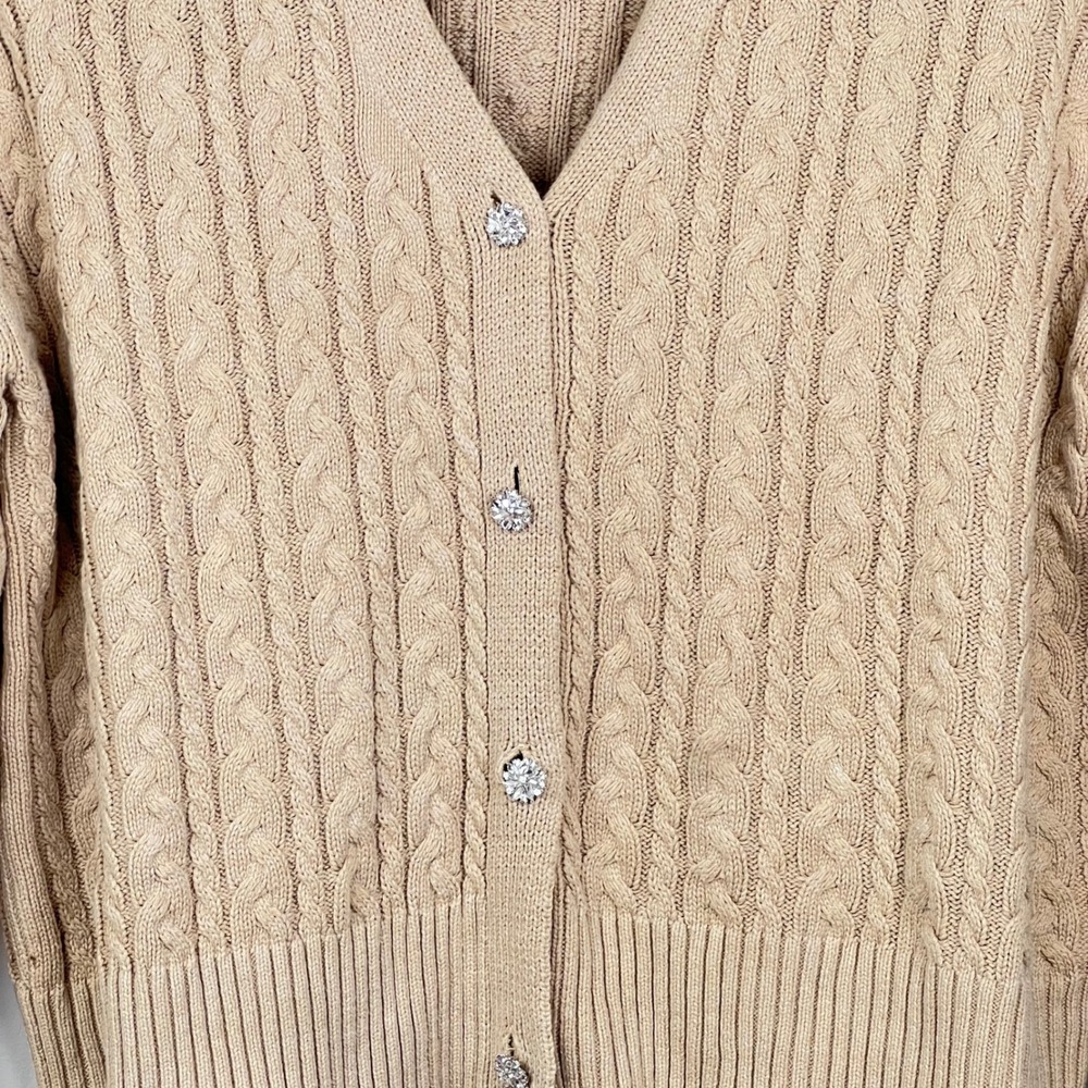 Anne Klein Cardigan Grandma XXL Cable Rhinestone Beige Oversized Sweater Cozy - Picture 8 of 10